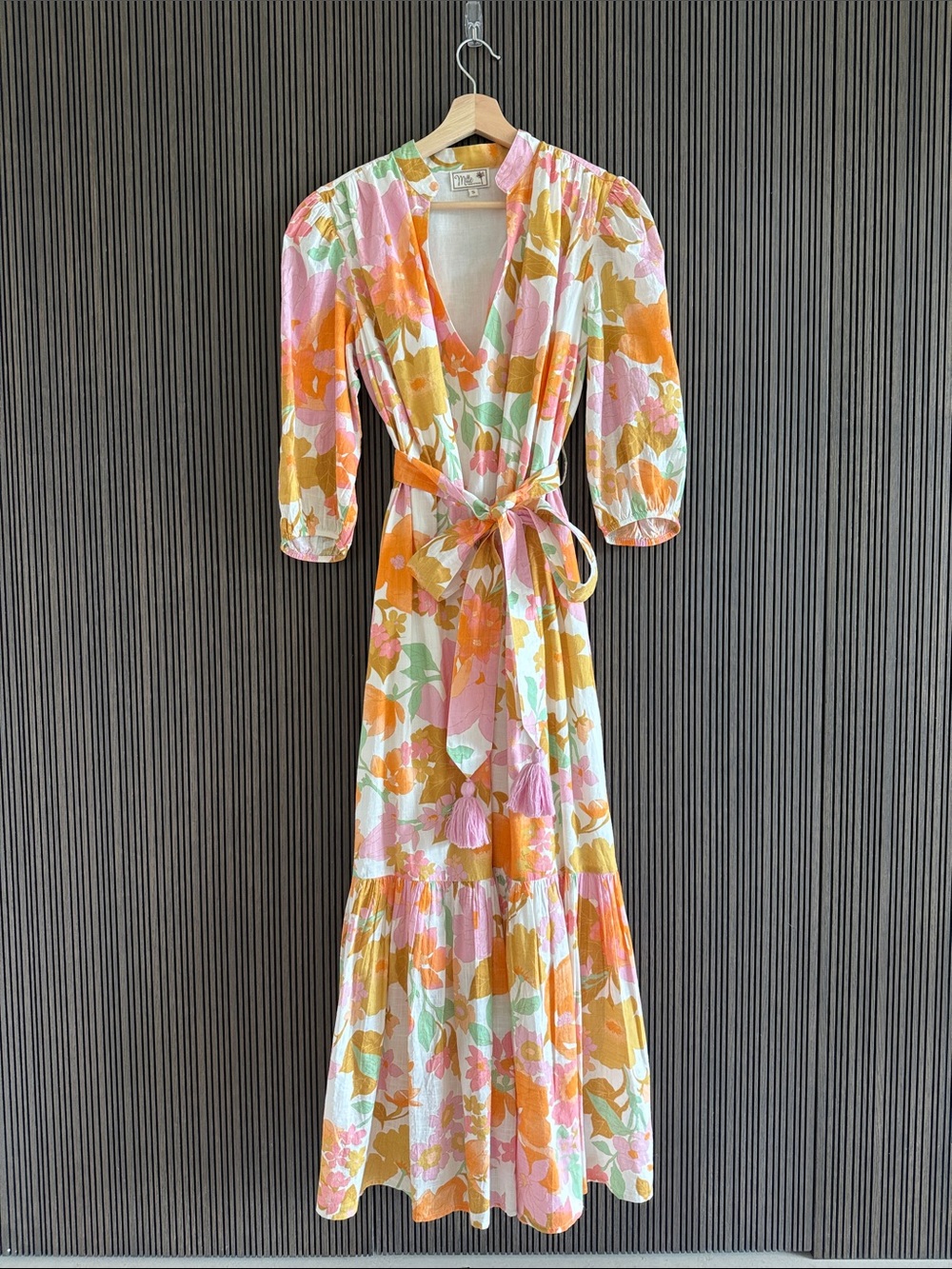 MILLE Floral Maxi Dress in Pink & Orange with pockets and tassel trim belt